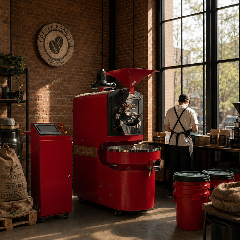 Black Yoshan coffee roaster on the floor of a brick-walled cafe