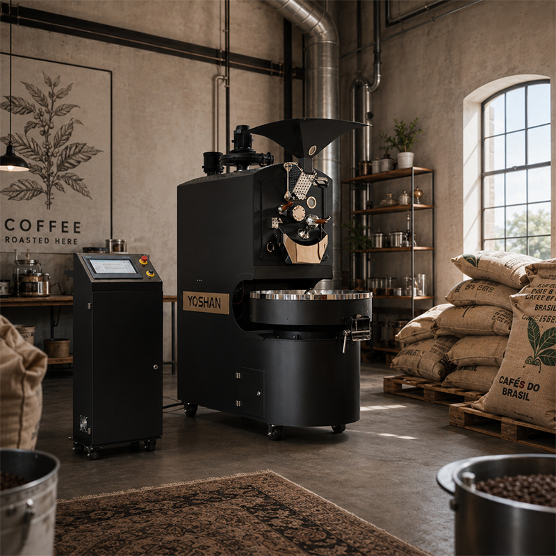 Black Yoshan drum roaster in a loft-style roastery with green coffee sacks