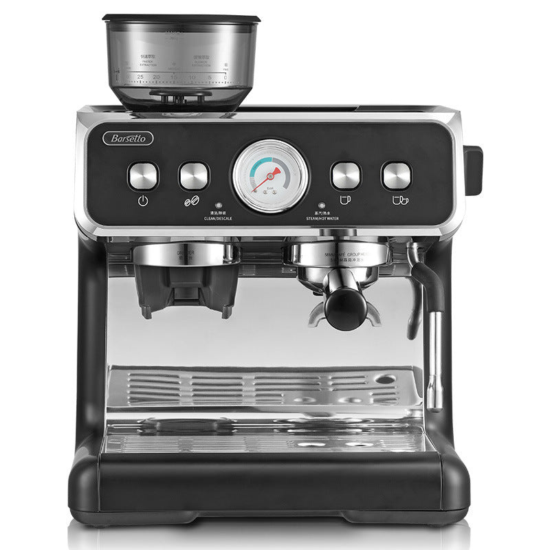 Black bean-to-cup espresso machine with pressure gauge