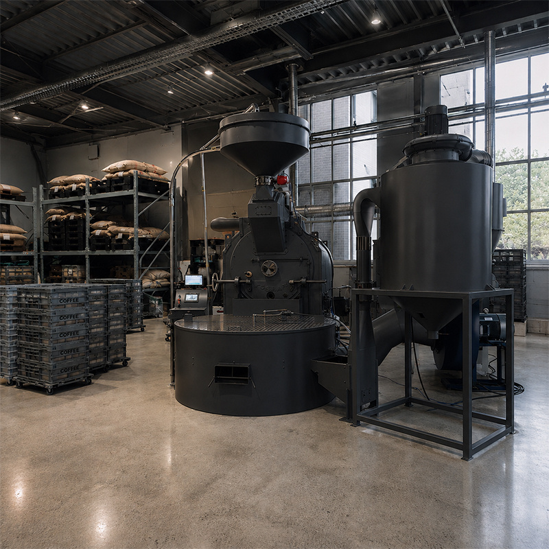 Black Yoshan industrial coffee roaster in a warehouse roasting plant
