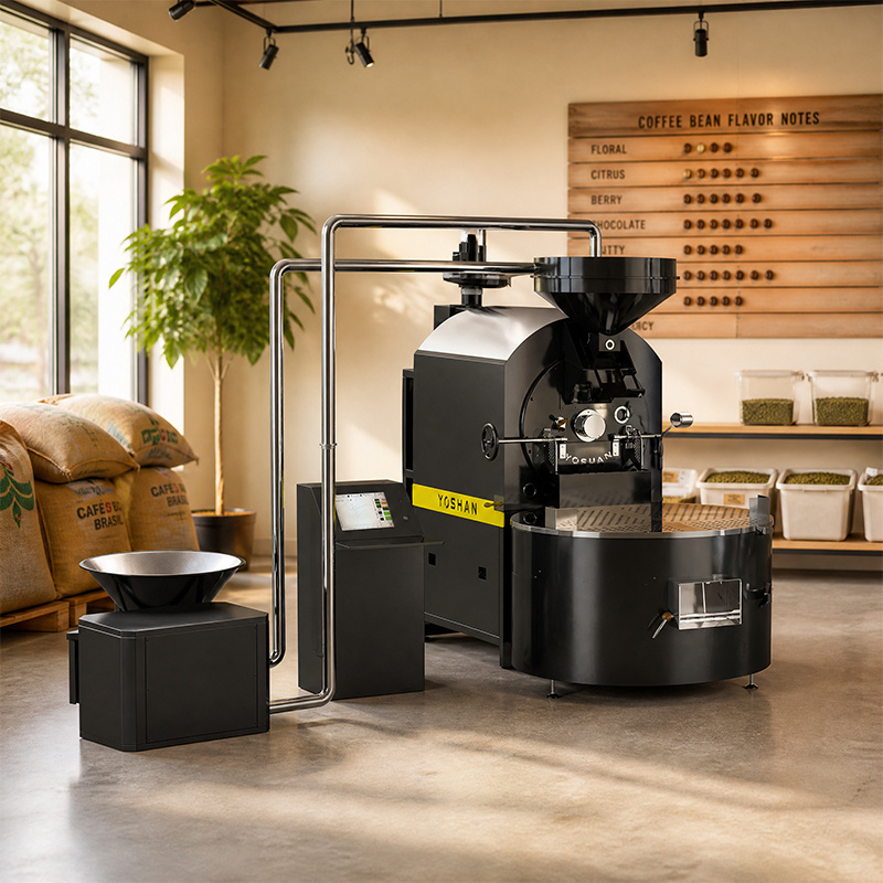 Large black Yoshan coffee roaster in a roastery