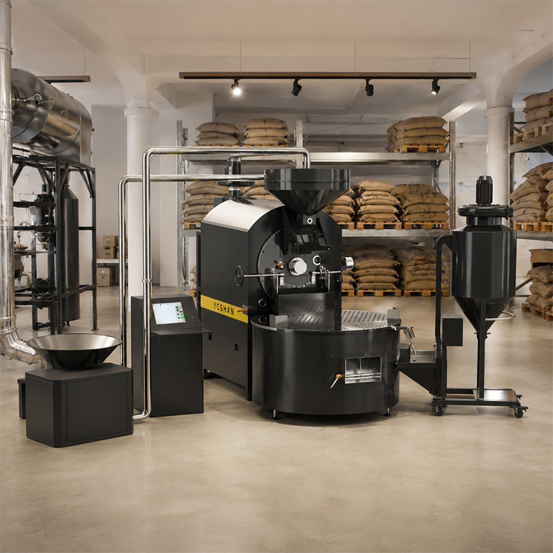 Black Yoshan production coffee roaster with loader and chaff cyclone