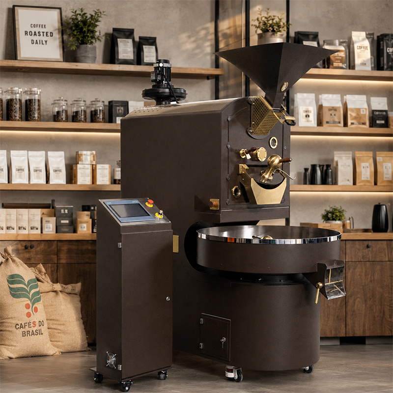 Yoshan coffee roaster in a cafe with retail shelves behind