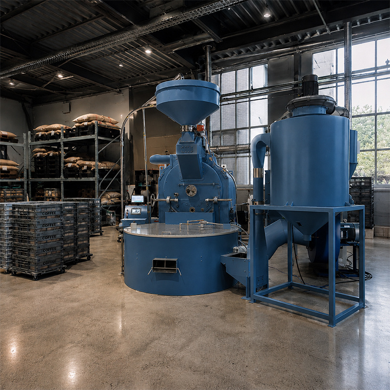 Blue Yoshan industrial coffee roaster in a warehouse roasting plant