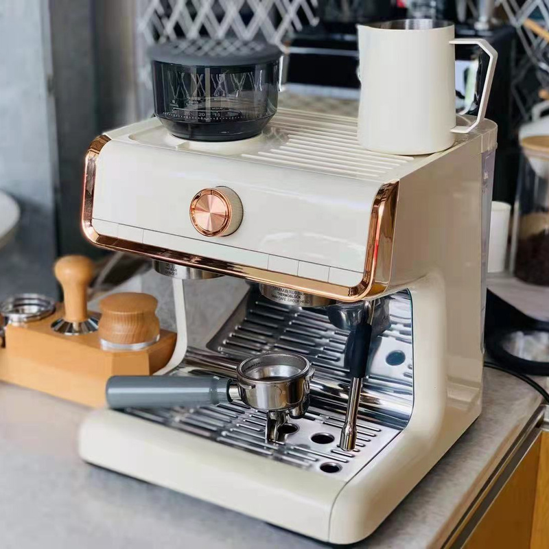 Espresso machine on a cafe counter with tamper and portafilter