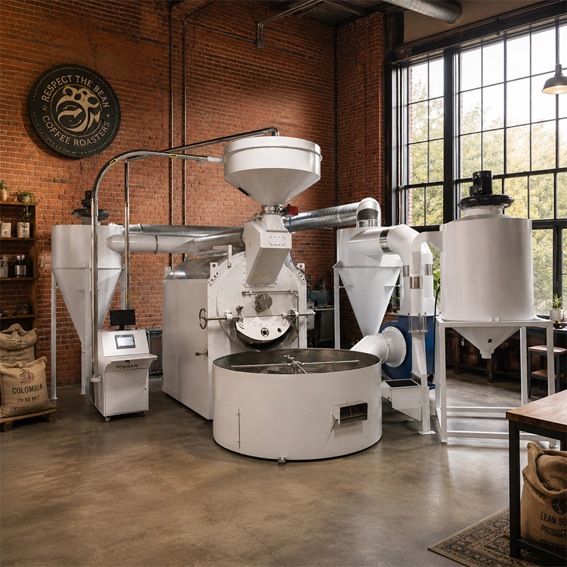 Yoshan industrial coffee roaster installed in a brick-walled roastery