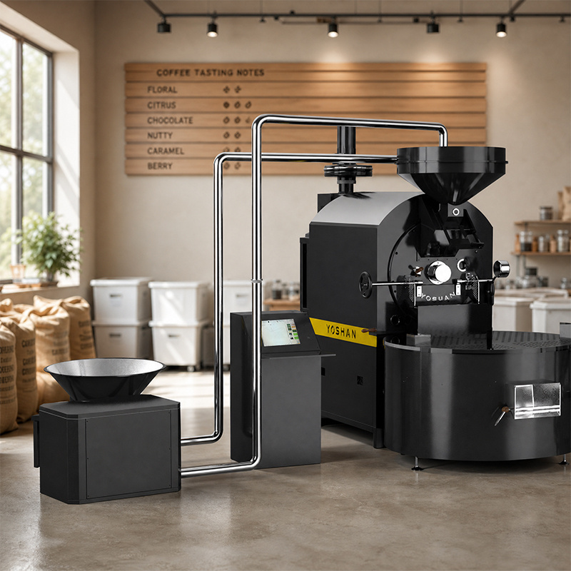 Large Yoshan coffee roaster with green coffee storage behind