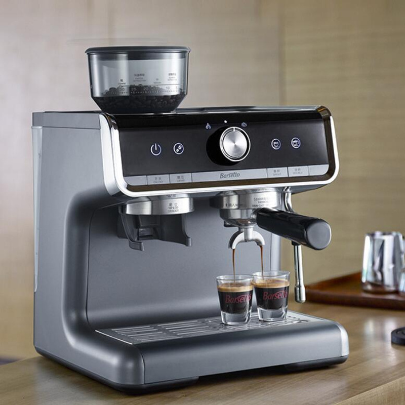 Semi-automatic espresso machine extracting a double shot