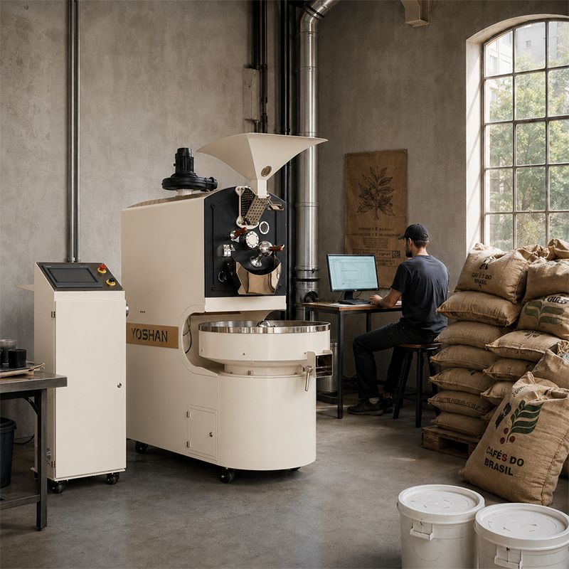Small commercial coffee roaster set up in the corner of a cafe next to green coffee sacks