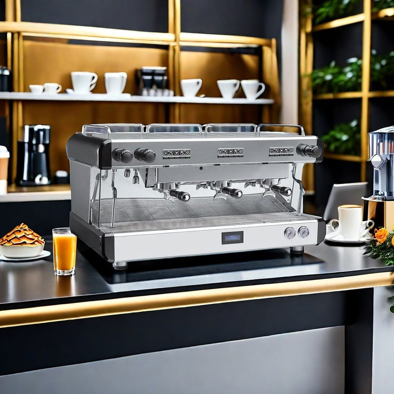 Two-group commercial espresso machine on a cafe counter