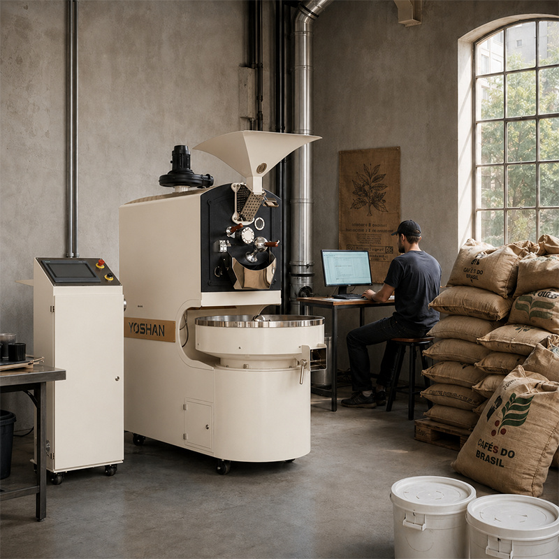 White Yoshan coffee roaster in a roastery with a laptop for profiling