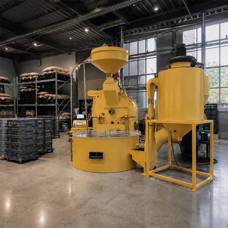 Yellow Yoshan industrial coffee roaster in a roasting plant