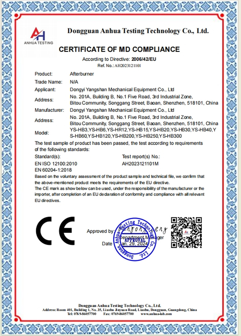 CE Certificate, Machinery Directive – Yoshan afterburners YS-HB/HR series – AH2023121101 (2024)
