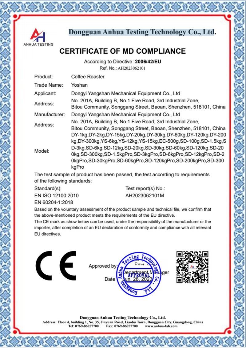CE Certificate of Compliance, Machinery Directive 2006/42/EC – Yoshan coffee roasters – AH2023062101 (2023)