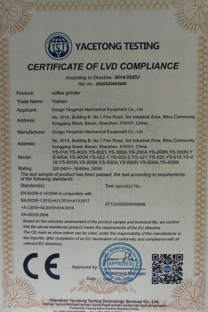 CE Certificate, Low Voltage Directive – coffee grinders supplied by Yoshan – 2020SZ0903069 (2020)