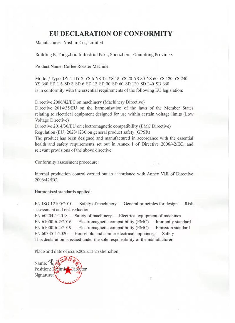 EU Declaration of Conformity – Yoshan coffee roaster machines DY, YS and SD series – November 2025