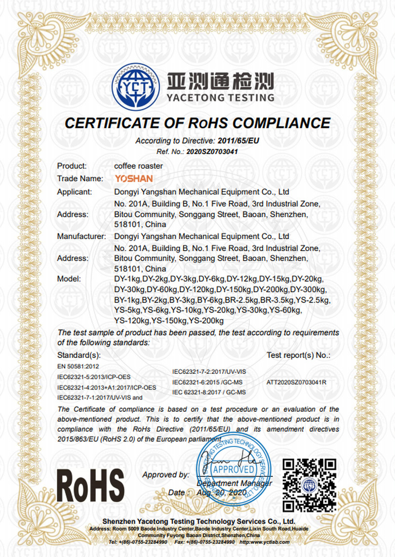RoHS Certificate – Yoshan coffee roasters – 2020SZ0703041 (2020)